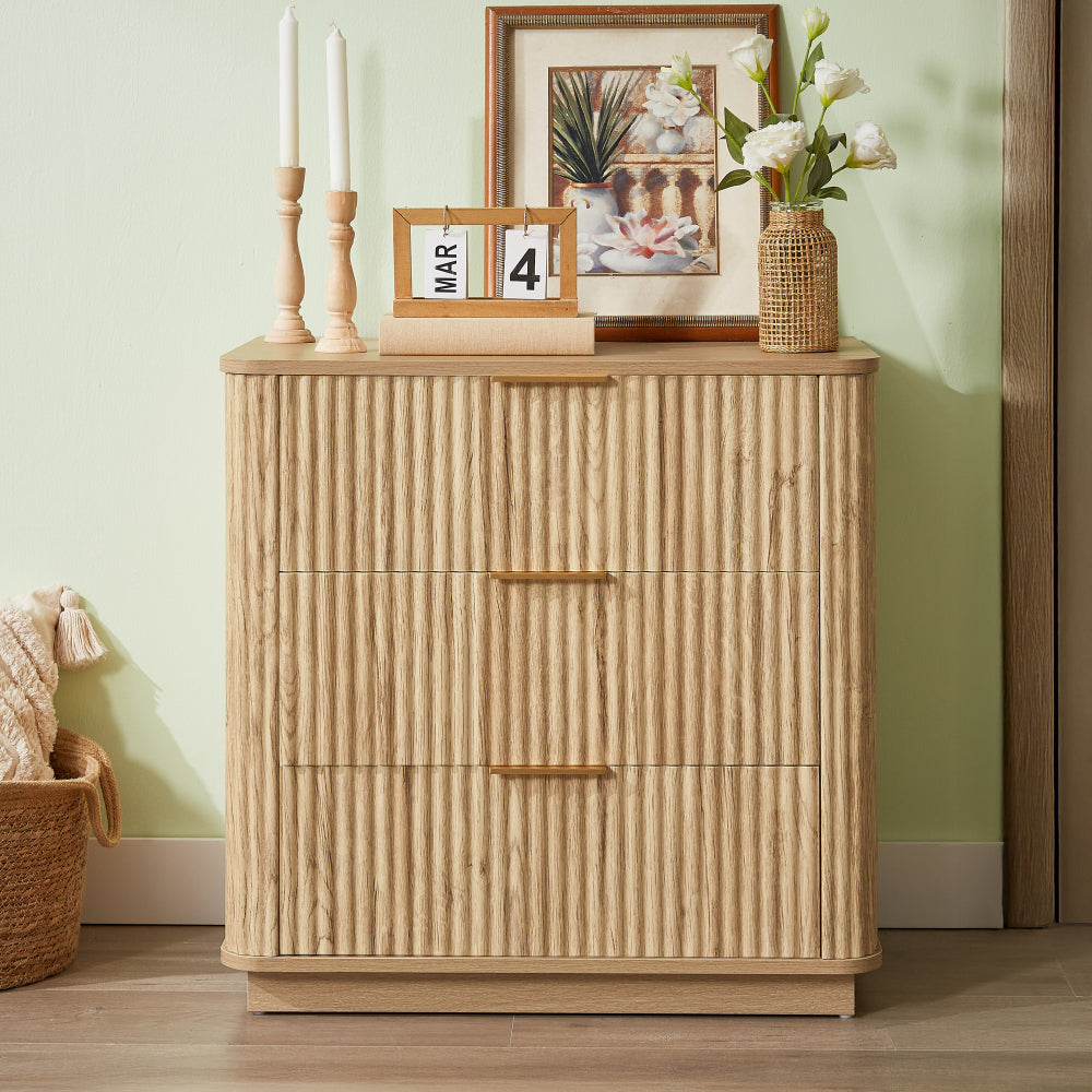 3 Drawers Drasser, 27.6'' Wide Modern Chest of Drawers Curved wave Design,Nightstand,Wood Drawer Organizer for Bedroom, Living Room, Hallway, Oak,27.6''W x 15.8''D x 27.4''H.