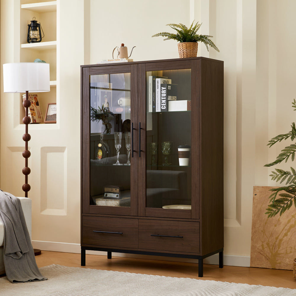 60'' Tall Display Cabinet with 2 Storage Drawers, Pantry with Glass Door & LED Lighting, Farmhouse Storage Cabinet with 4-Tier Adjustable Glass Shelves for Living Room, Hallway, Office, Study - Walnut