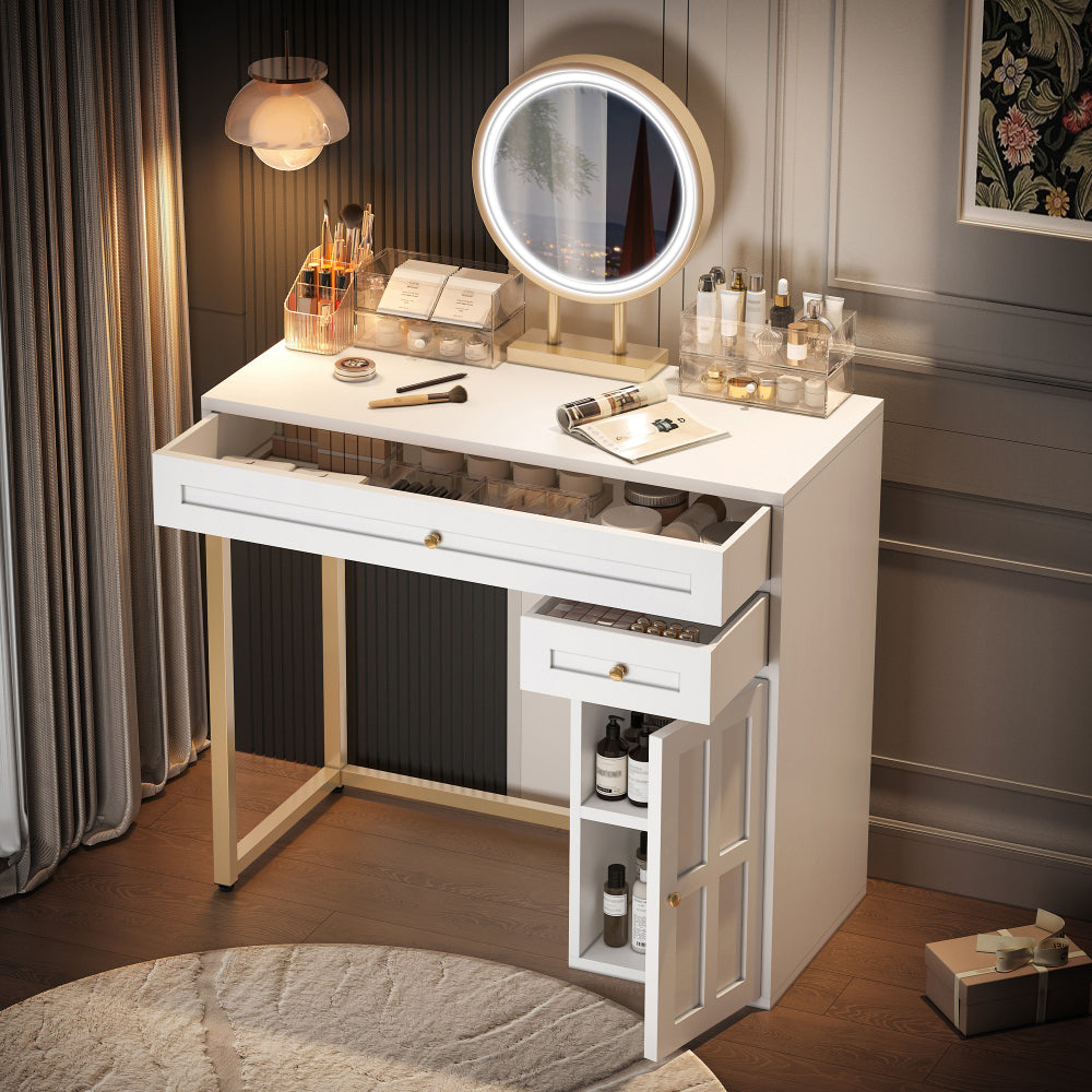 31.5'' Makeup Vanity Desk with Lighted Mirror, Luxury Dressing Table with 2 Drawers and 1 Cabinet, 3 Lighting Modes Available for Bedroom, White-Gold