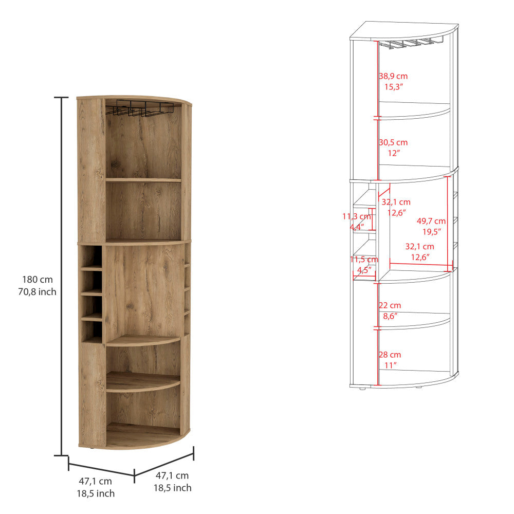 Oban Corner Bar Cabinet with Five Shelves , Eight Bottle Cubbies and Steamware Macadamia