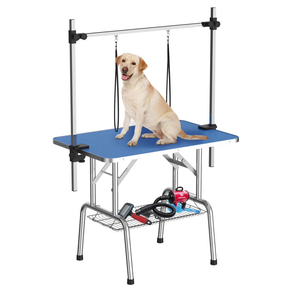 42 Inch Foldable Dog Grooming Table for Home with Adjustable Arm, Noose, Non-Slip Surface, and Storage Mesh Tray