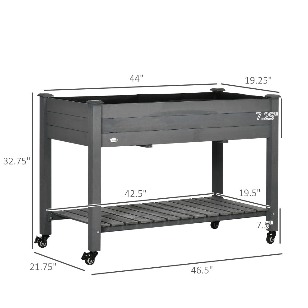 Outsunny Raised Garden Bed, 47" x 22" x 33", Elevated Wooden Planter Box with Lockable Wheels, Storage Shelf, and Bed Liner for Backyard, Patio, Dark Gray