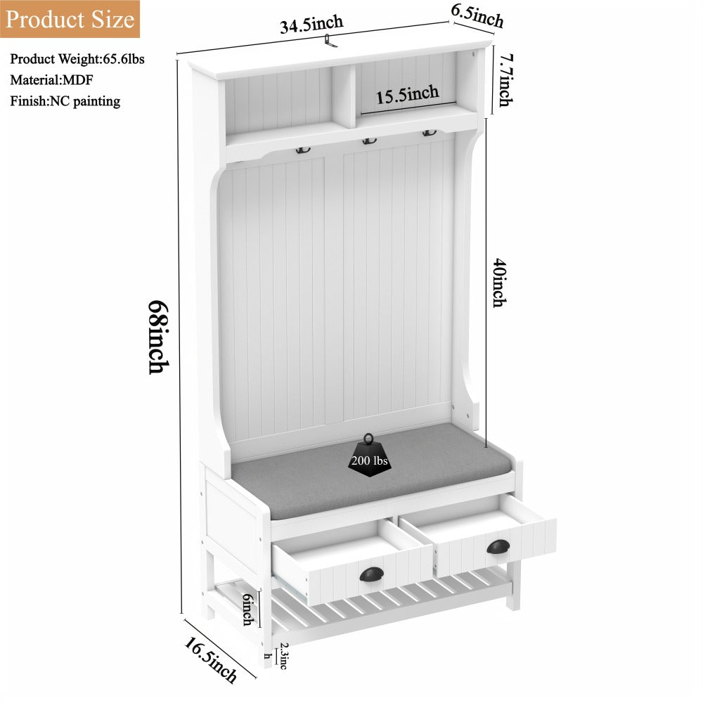 3-in-1 Hallway Hall Tree with 2 Storage Drawer and 4 Coat Rack, Wooden Entryway Shoe Rack Bench with Padded Seat Cushion, Mudroom Bench with Top Storage Shelf