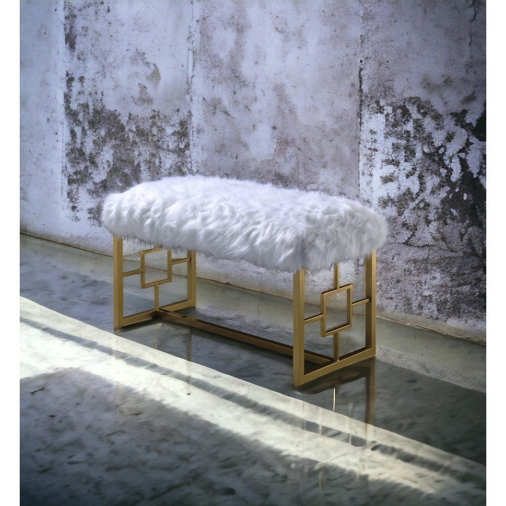 Bagley II White Faux Fur & Gold Finish Bench