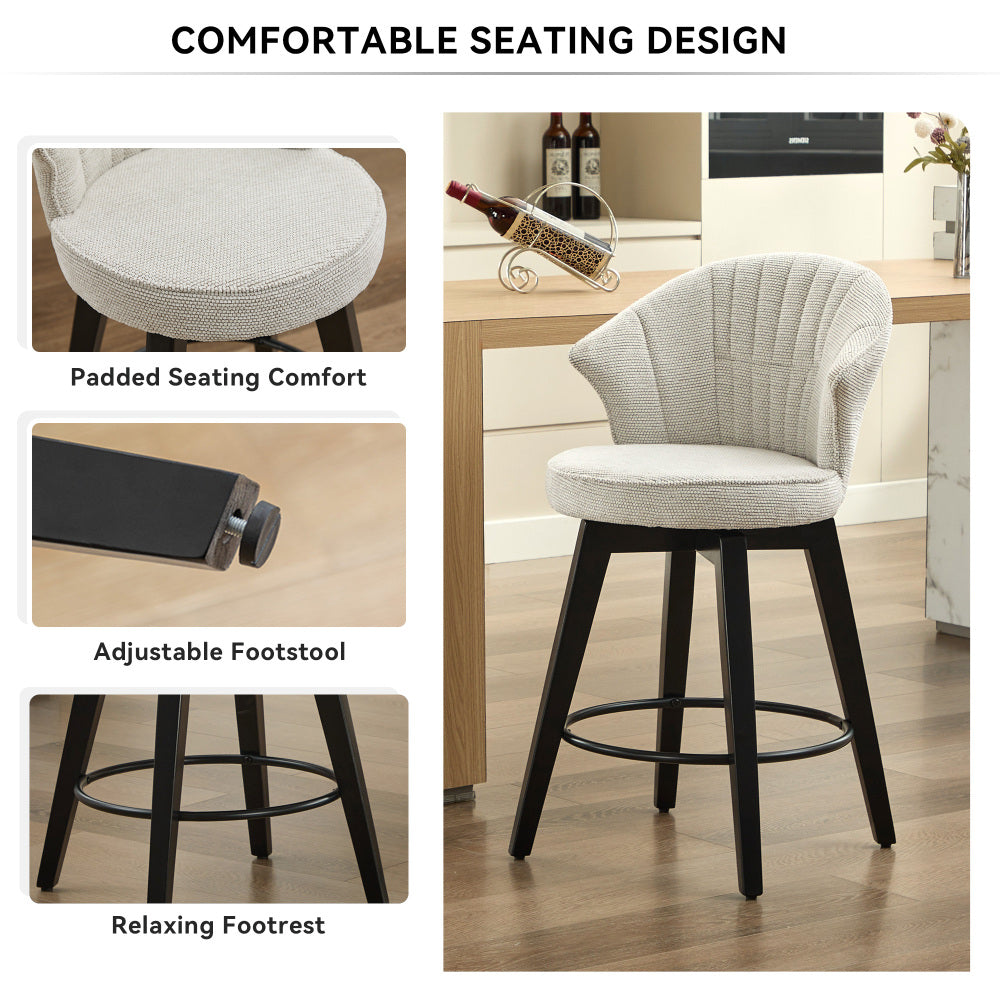 008-Wing Back Swivel Bar Stools Set of 2 - 25" Counter Height Adjustable Stools with Solid Wood Legs & Chenille Upholstery, Leveling Feet for Kitchen Island, Home Pub or Dining Room, White