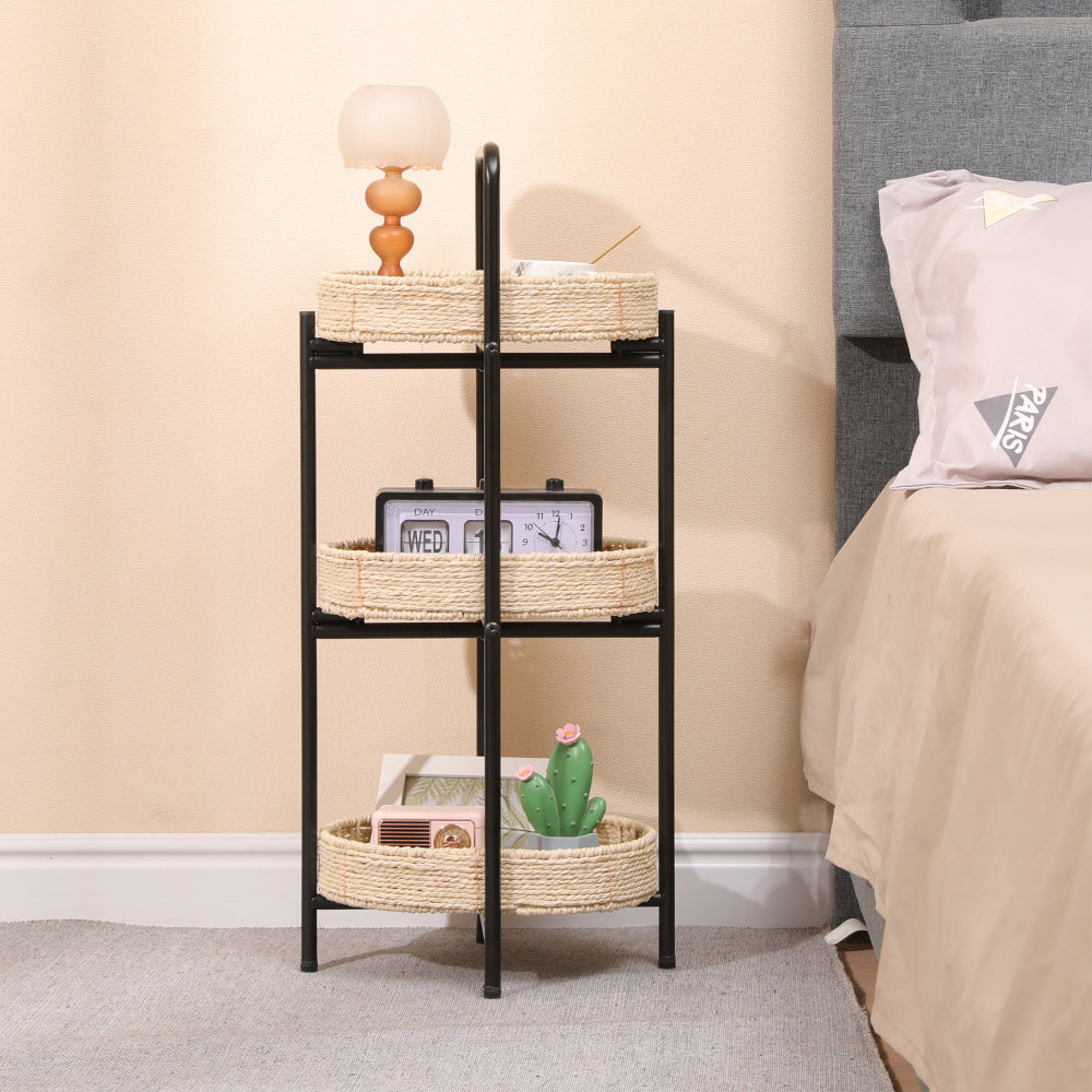 3 Tiers Tray Tables Paper Rope Woven Side Table for Living Room Kitchen Oval Storage Basket Small Shelves (Natural)