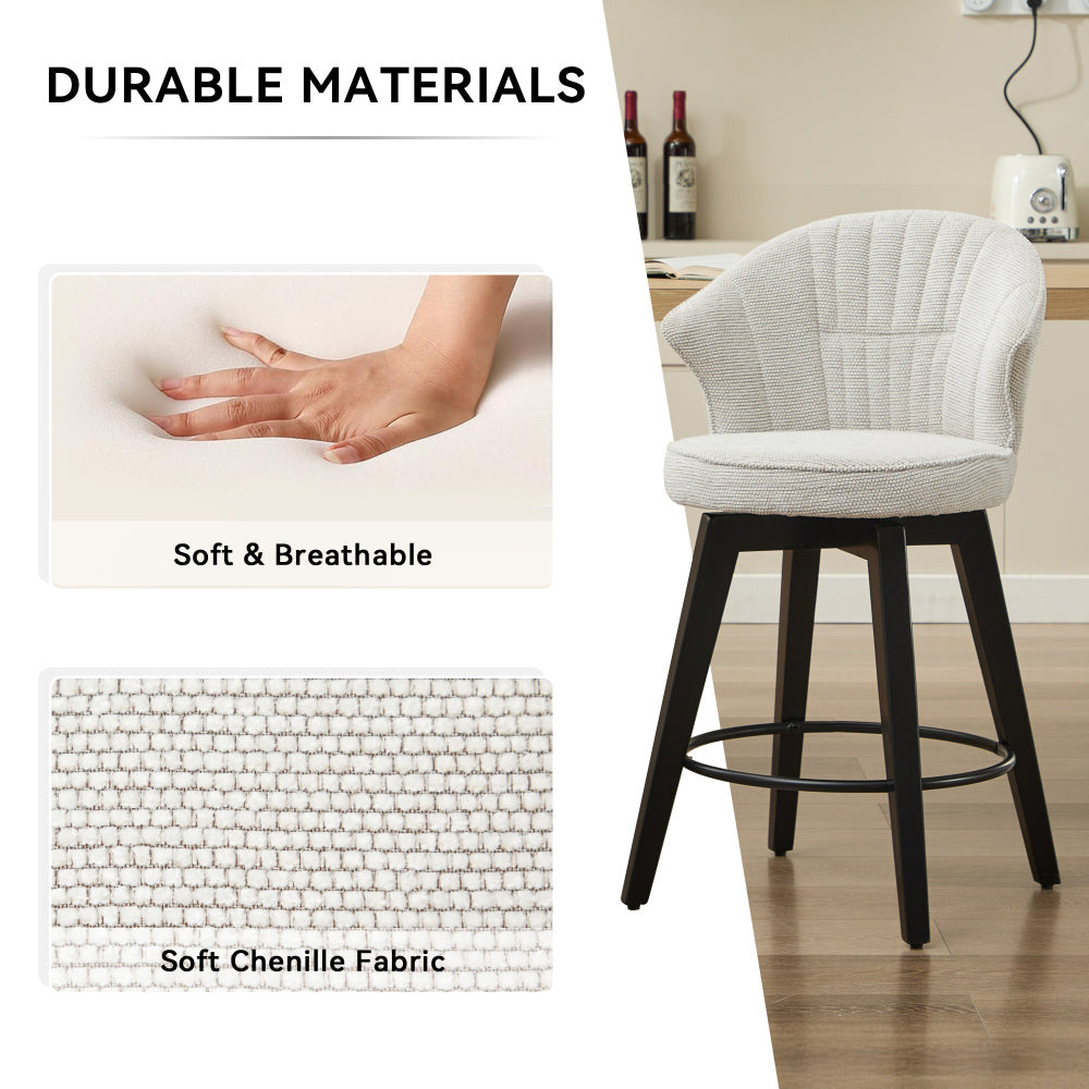 008-Wing Back Swivel Bar Stools Set of 2 - 25" Counter Height Adjustable Stools with Solid Wood Legs & Chenille Upholstery, Leveling Feet for Kitchen Island, Home Pub or Dining Room, White