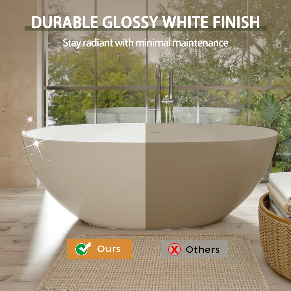 65" Freestanding Solid Surface Bathtub, Luxury Handcrafted Stone Resin Freestanding Soaking Bathtub with Overflow and Pop-up Drain, Glossy White 24S06-65GW