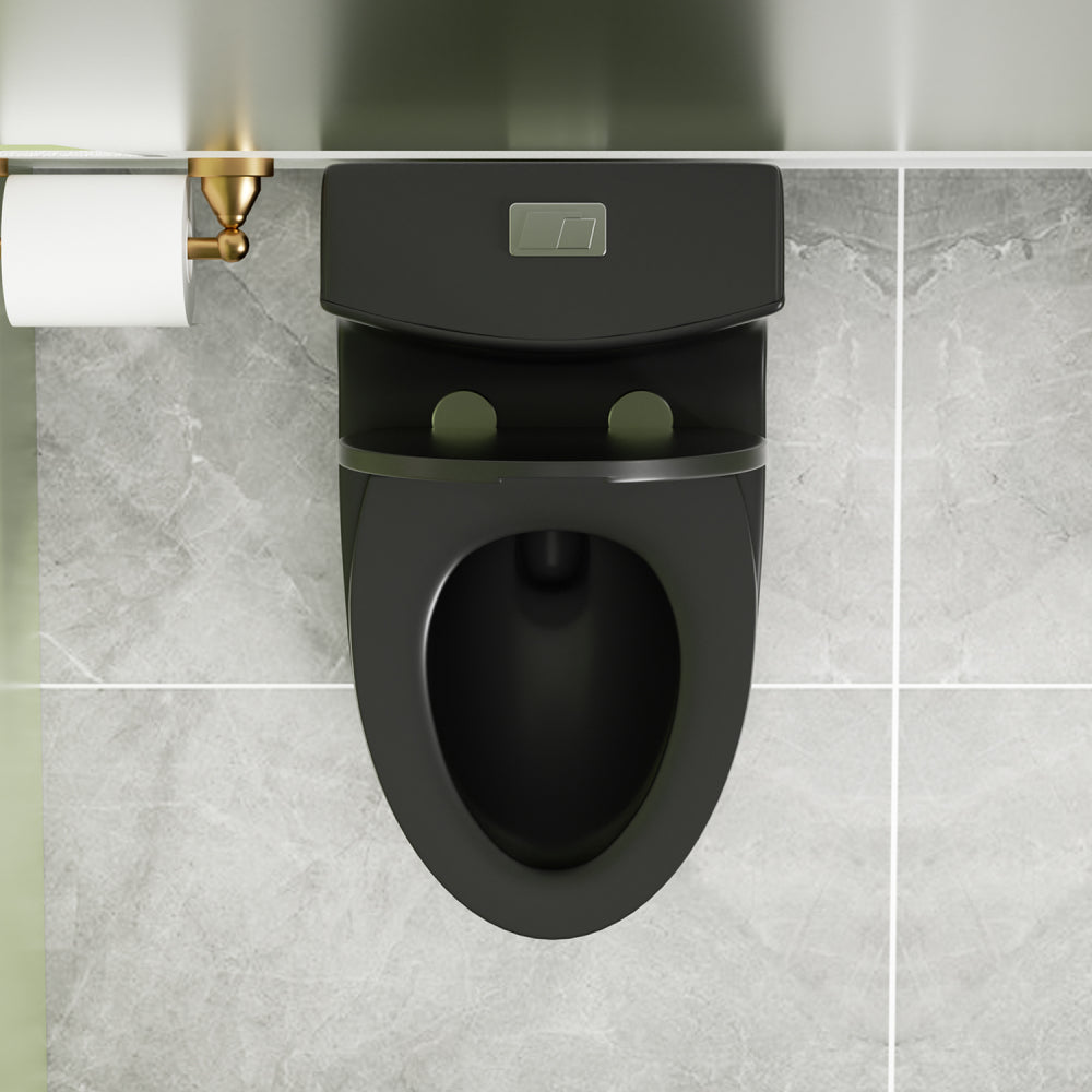 1.1/1.6 GPF Tornado Flush One-Piece Toilet Elongated, Siphonic S-trap 12",Soft Closing Seat, Button on Tank top ,Powerful Dual Flush MAP 1000g, Comfort Chair Seat ADA Height 17", Matte black MB-002