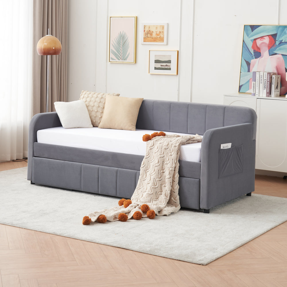 Twin Upholstered Daybed Frame with Trundle, Twin Size Sofa Bed for Bedroom Living Room Guest Room, Wood Slat Support,Grey
