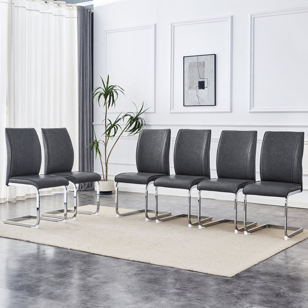 Luxury Simple Arch Chair - Set of 4 Dark Gray PU Material High Resilience Dining Chair with Arched Metal Silver Leg.Crazy Horse Texture PU Dining Chairs.