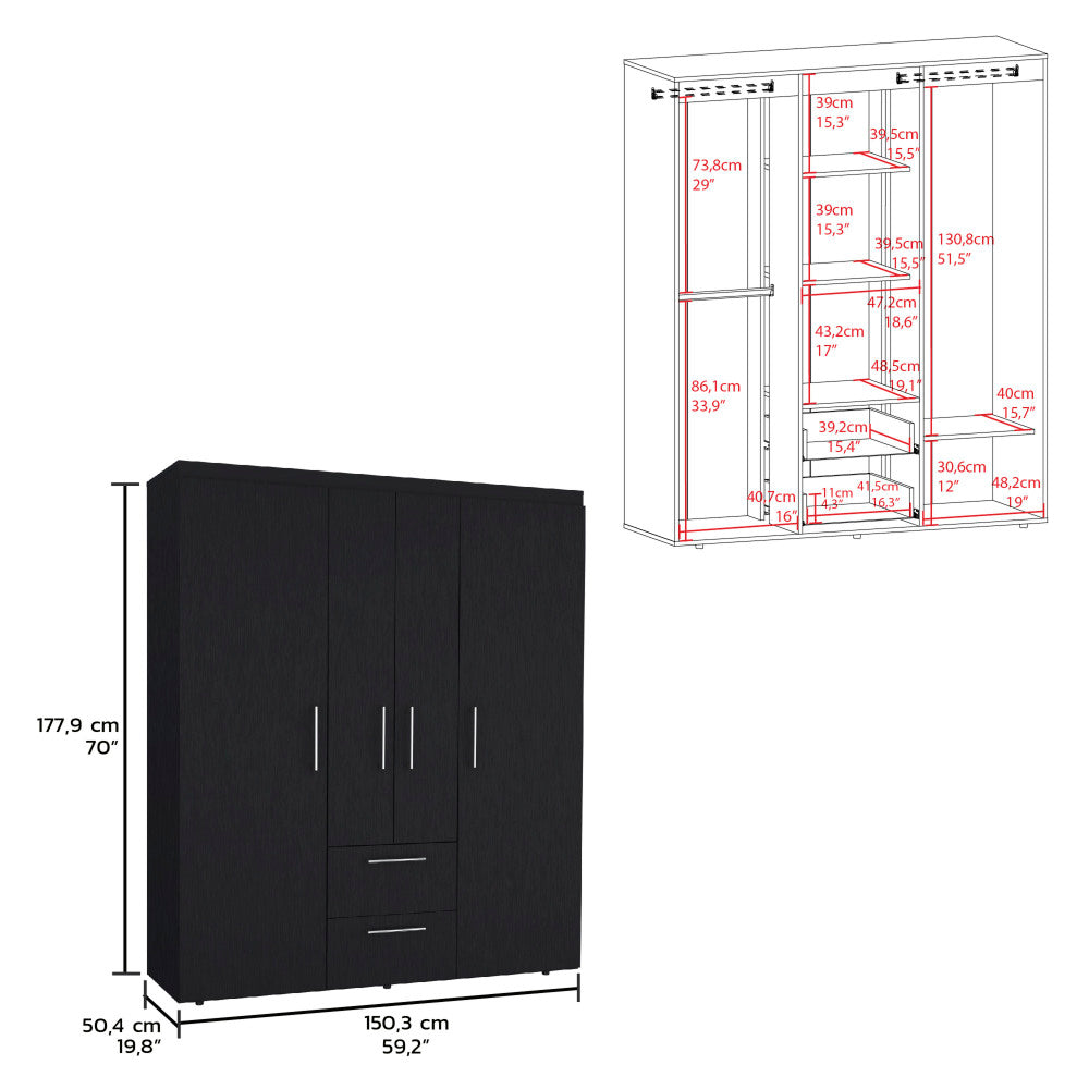 Bariloche Wardrobe, Multi-Section Storage with Hanging Rods, Shelves, and 2 Drawers Black