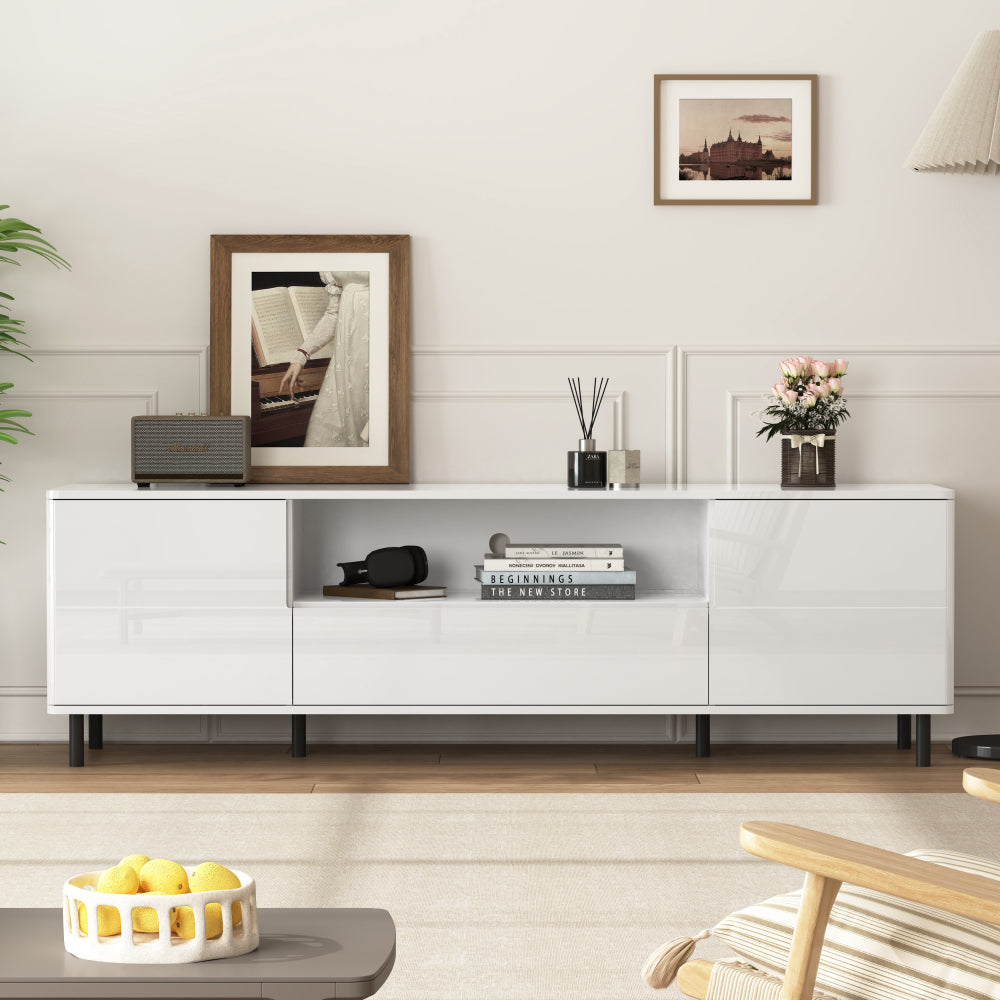 High Gloss Panel Modern TV Console, TV Stand, Entertainment Center with Storage Shelves,TV Cabinet for Living Room, Bedroom, Cloud White 63x15.74x19.68 inch