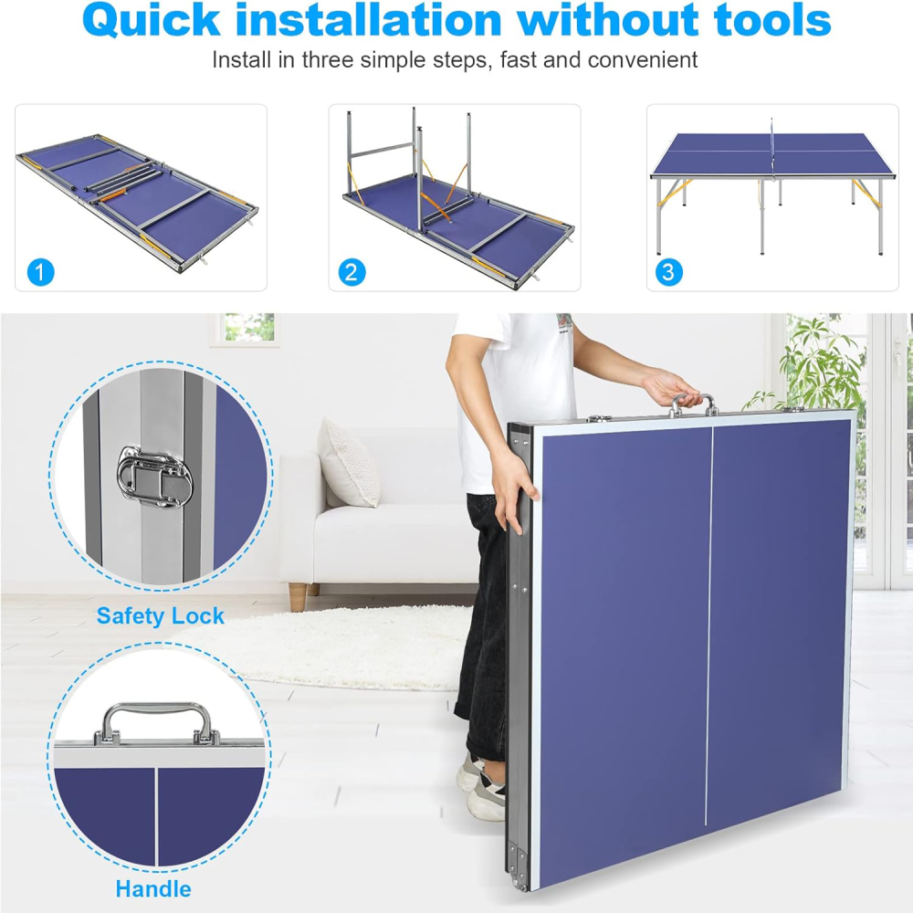 DOUBLE FISH 6ft Mid-Size Blue Foldable Portable Ping Pong Table Indoor Outdoor Game Set with Net 2 Paddles 3 Balls