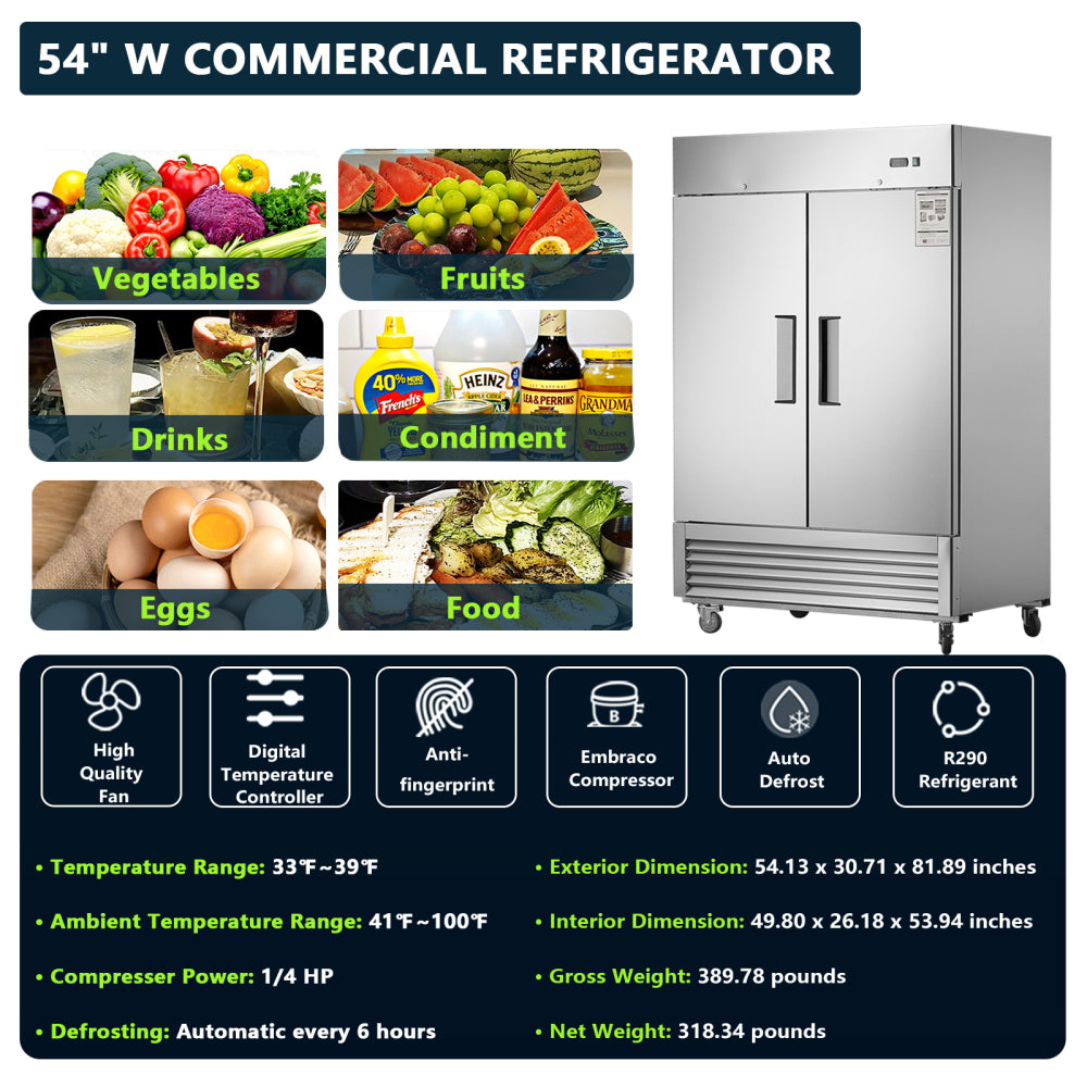 54"W Commercial Refrigerator 2 Section 2 Solid Door Stainless Steel Interior and Exterior Reach-in Refrigerator 42.2 Cu.ft. Upright Fan Cooling Refrigerator for Restaurants and Commercial Environments