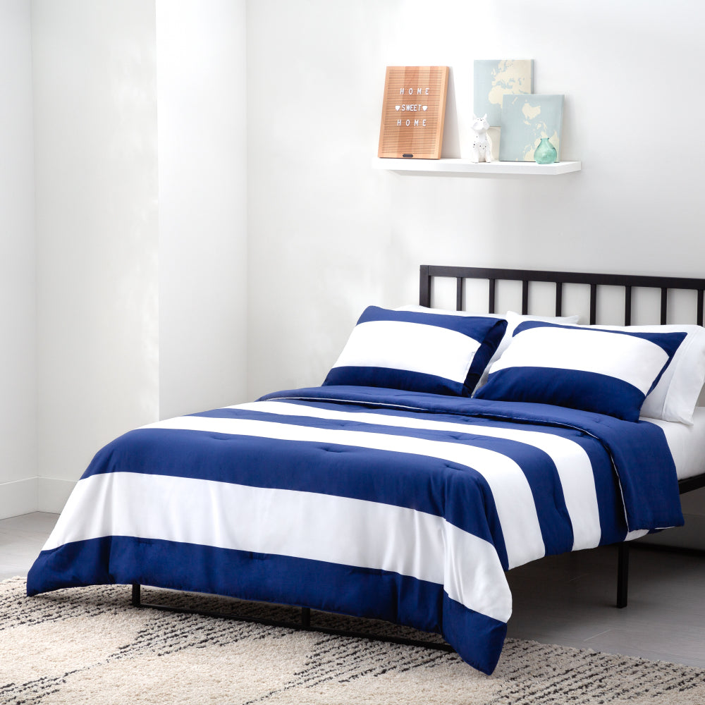Linenspa Microfiber Designer Comforter - Rugby Stripe , Cal King, Navy