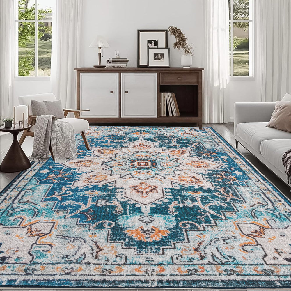 Area Rug 5x7 Vintage Bohemia Large Persian Non-slip Washable Rug For Living Room Kitchen Bedroom Living Room Flower Design Blue/Beige