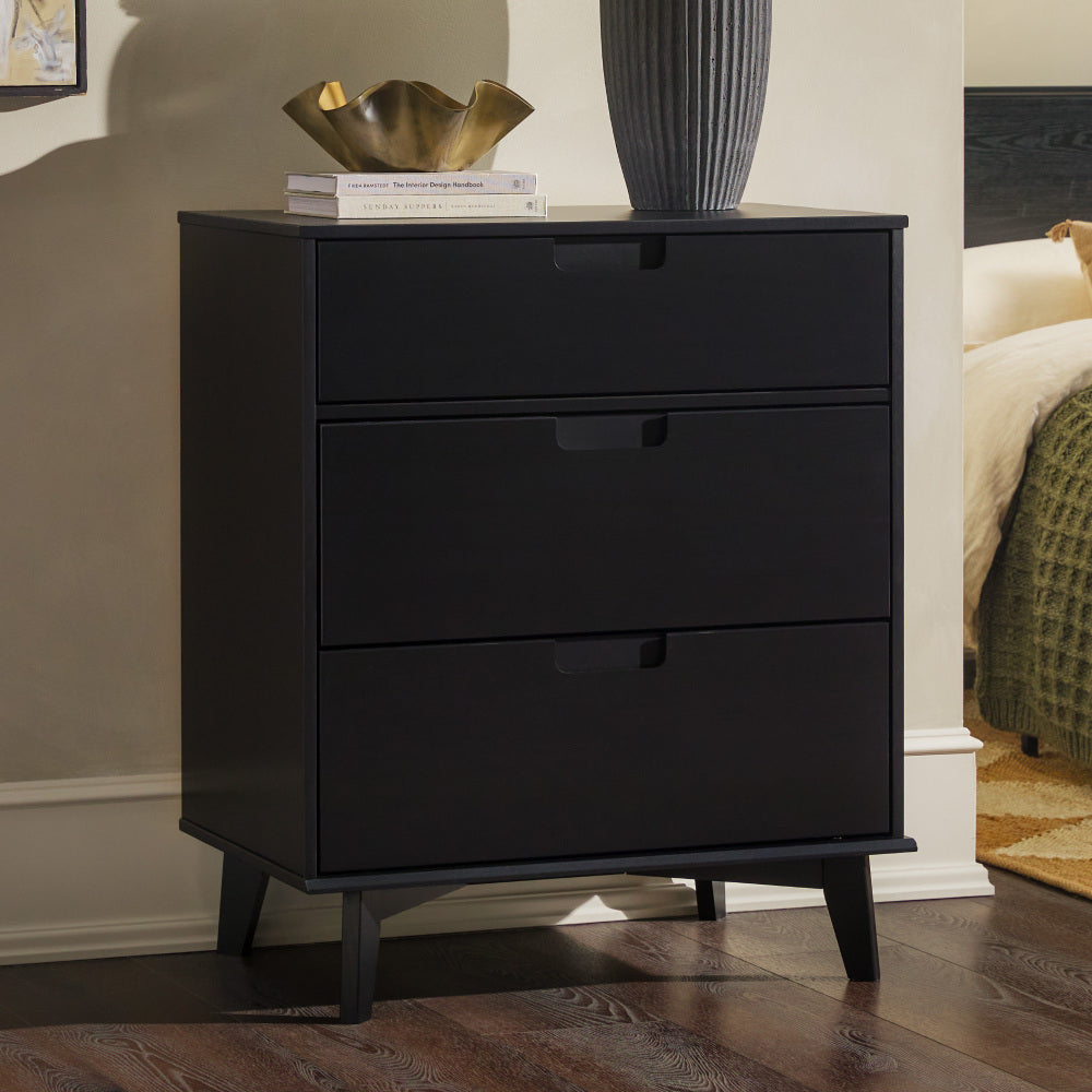 Mid-Century Modern Solid Wood 3-Drawer Dresser – Black