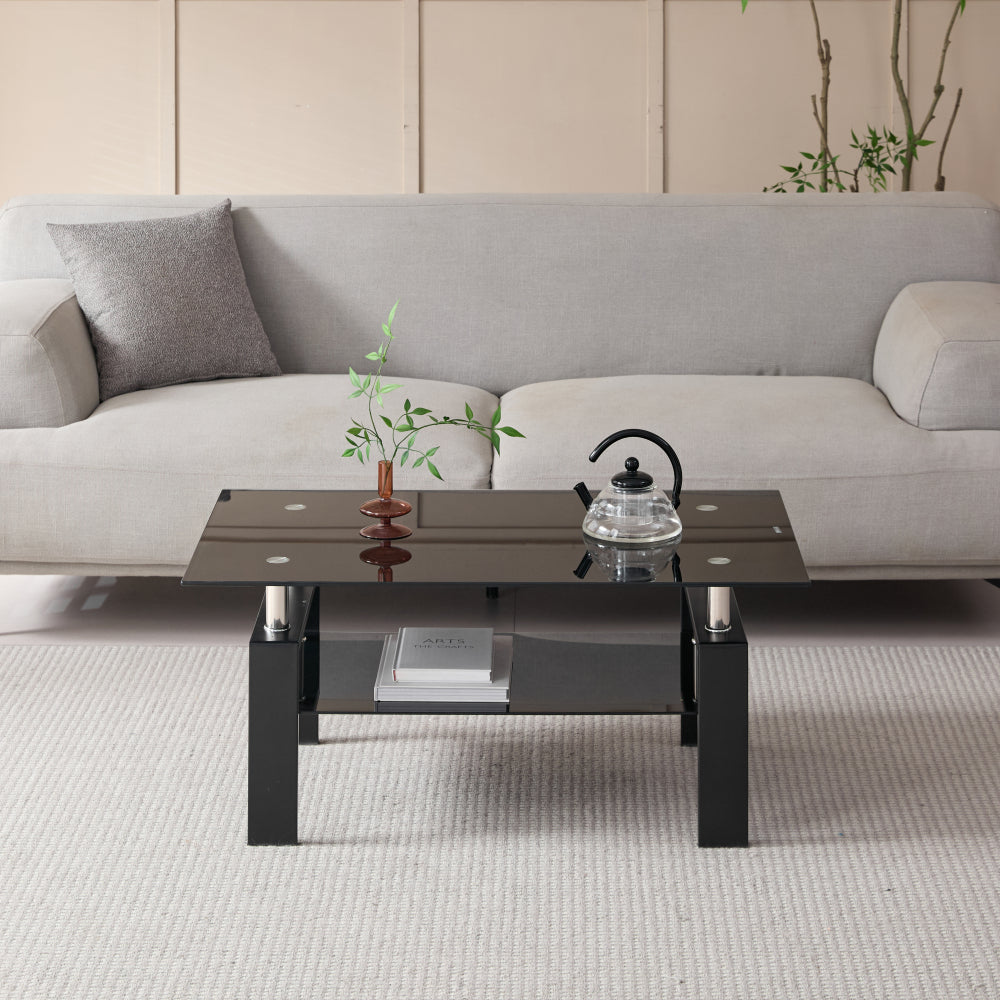 Tempered Black Glass Coffee Table, 2-Layers Tea Table
