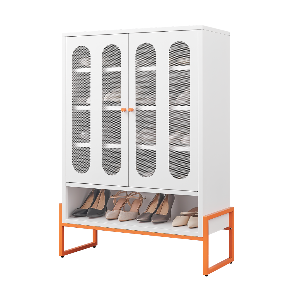 Modern minimalist double door shoe cabinet with adjustable mesh doors and high foot hollow storage cabinet bottom, compatible with robotic vacuum cleaners