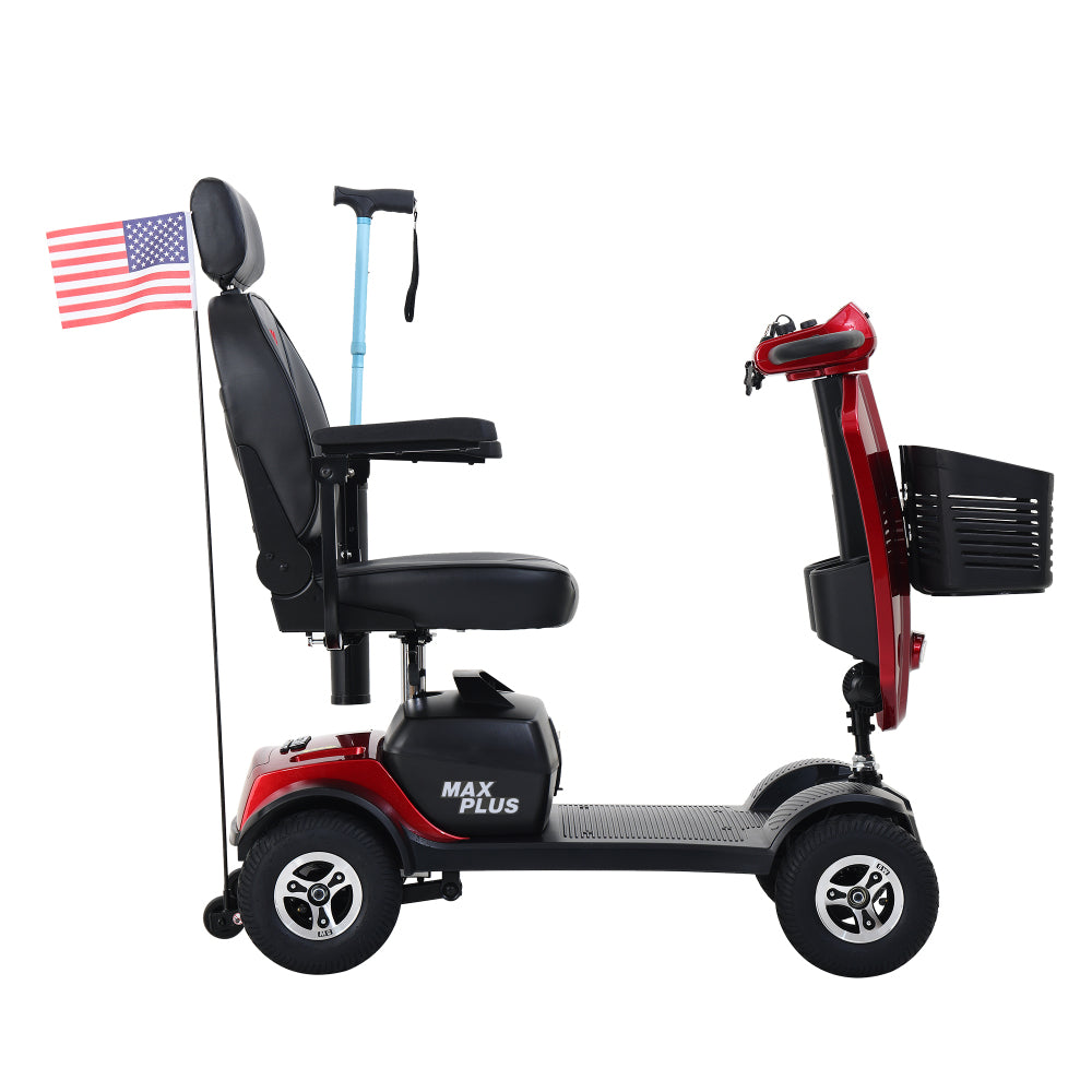 MAX PLUS RED 4 Wheels Outdoor Compact Mobility Scooter with Rear Basket,16 Miles, Cup Holders & USB charger Port