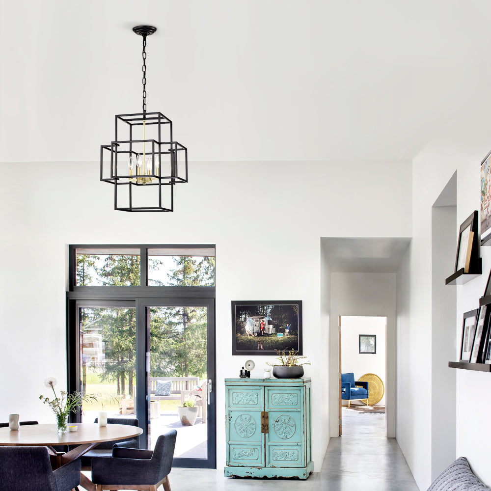 4-Light Metal Lantern Tiered Pendant Hanging Light Fixtures, Industrial Farmhouse Adjustable Height Chandeliers for Dining Room Hallway Foyer Entryway--Matte Black & Gold (E12 Bulbs Not Included)