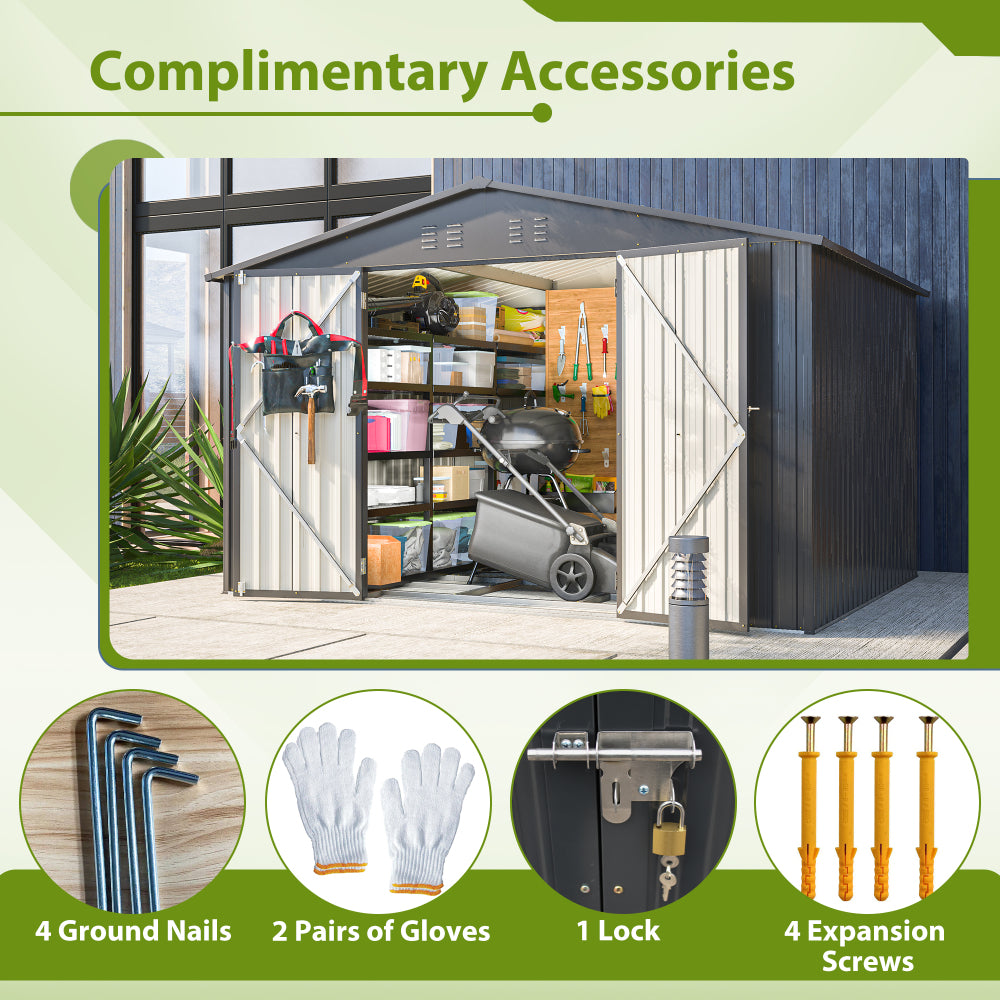 10X8 FT Outdoor Storage Shed, All Weather Metal Sheds with Lockable Doors, Tool Shed for Garden, Patio, Backyard, Lawn, Black