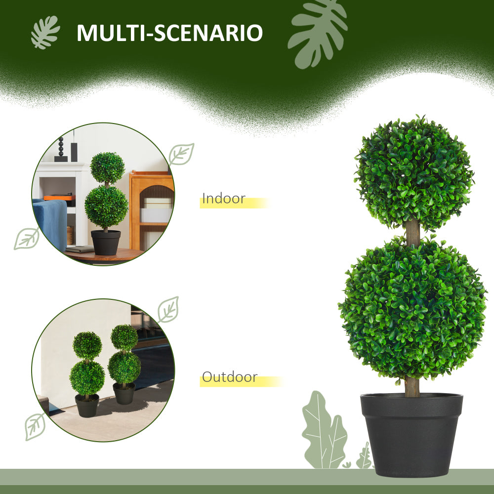 HOMCOM Artificial Plant for Home Decor Indoor & Outdoor Fake Plants Artificial Tree in Pot, 2 Ball Boxwood Topiary Tree for Home Office, Living Room Decor, Green