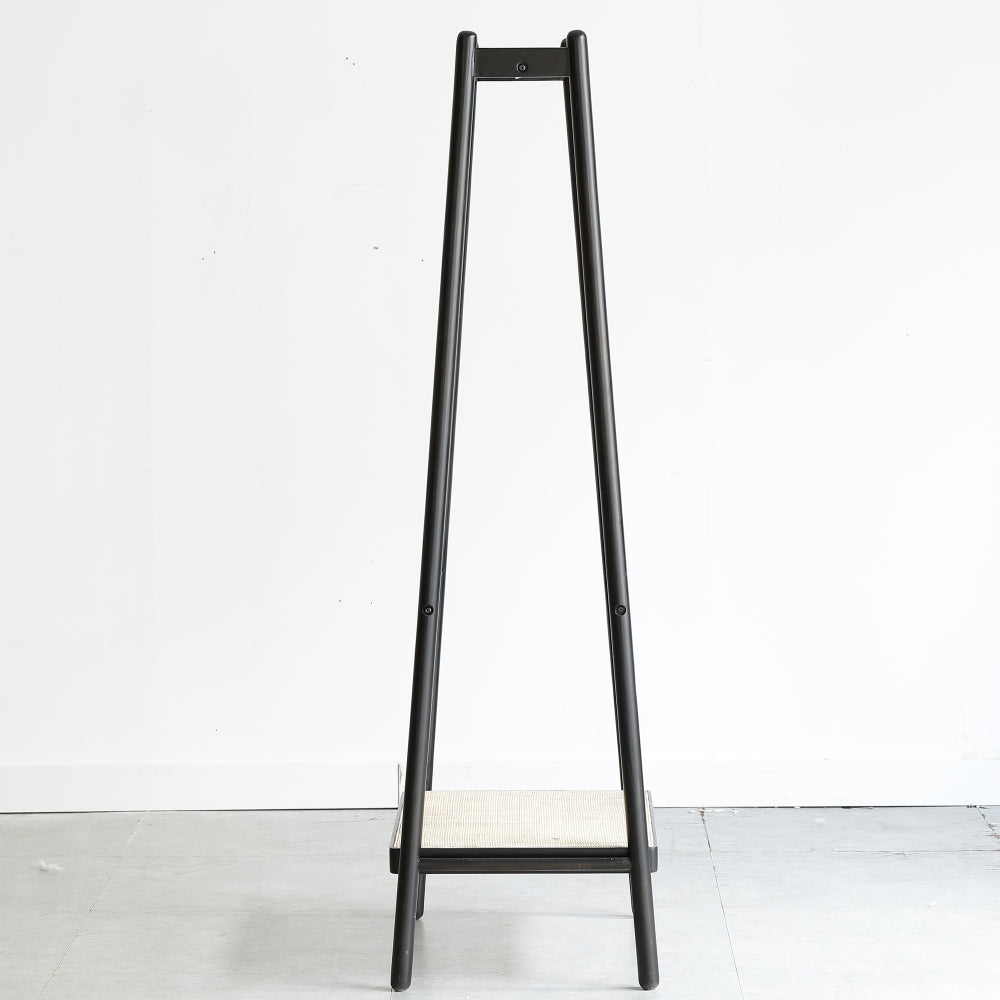 (Black) Solid Oak Wood Clothes Rack, Black Rattan Hanger Rack-clothes Rack with Shelves, Cloth Hanger Standing Garment Racks for Hanging Clothes