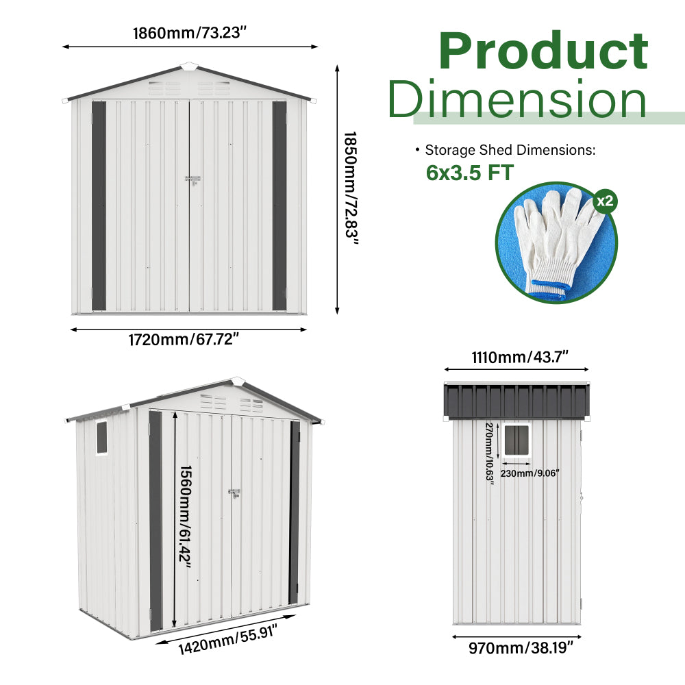 6X3.5FT Metal Storage Shed,Tool Shed with Peaked Roof Waterproof with Clear Window and Lockable Door Compact Tool Shed for Garden, Backyard,Patio,Sundries and Bike Storage, White