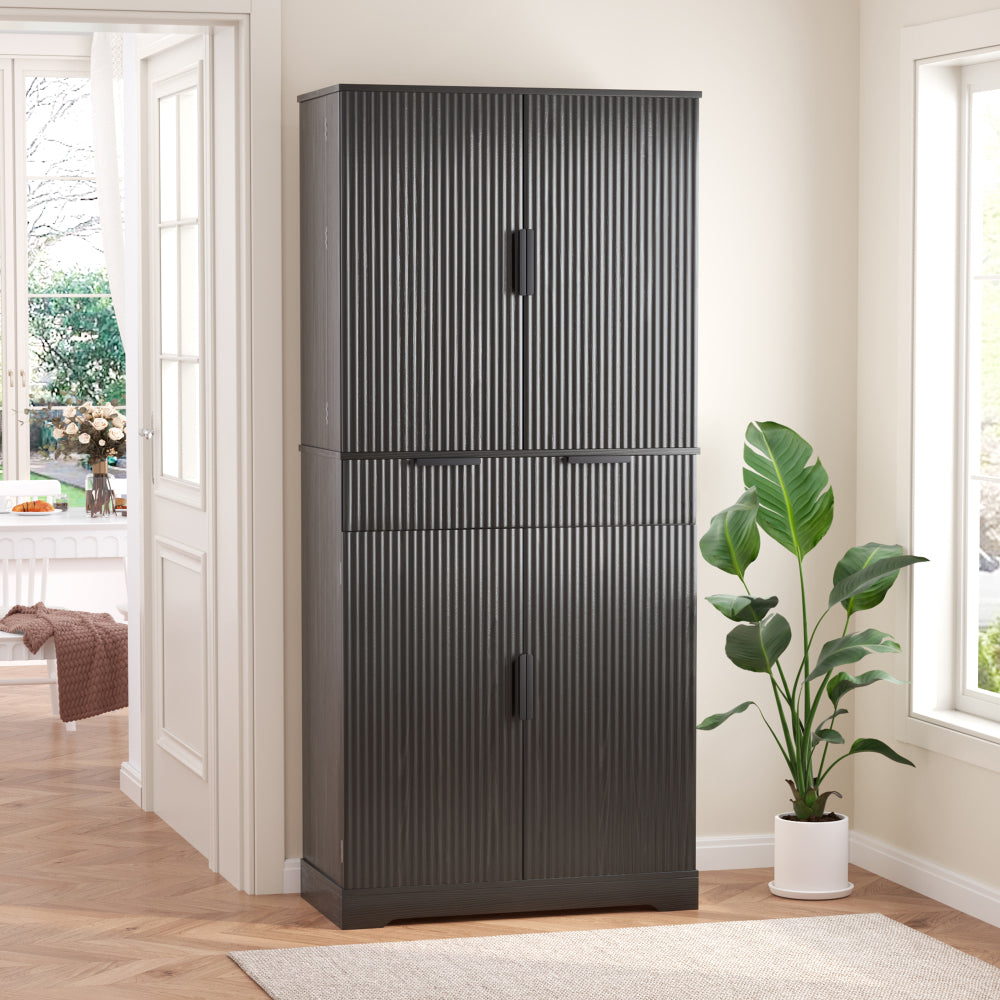 72" Fluted Kitchen Pantry Cabinet with 3 Keyboard Drawers & 6 Door Shelves Adjustable, Freestanding Cupboard Storage Cabinet for for Bathroom Diningroom, Office, Entryway, Black