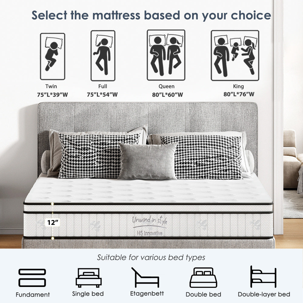 Full Size Mattress,12 Inch Hybrid Mattress, Individually Pocketed Innerspring, Medium FirmFull