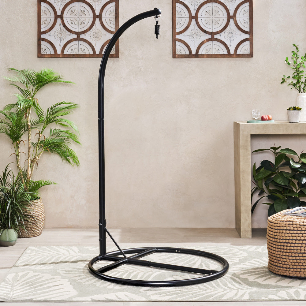 Durable Hanging Chair Bottom Stand with Safety Belt in Black Iron, 44 x 44 x 80 Inches
