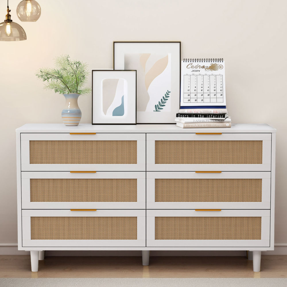 51" Rattan Dresser with Drawers, 6 Drawer Dresser for Bedroom, Clothes Storage Cabinet for Bedroom, Metal Handle&Wood Legs for Hallway, Living Room, Bedroom,Natural