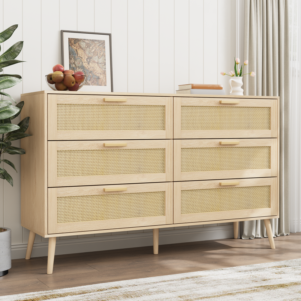 Rattan 6 Drawers Chest of Dressers for Bedroom, Modern 6 Drawer Dresser, Wide Chest of Drawers with wood Handles, Rattan Dresser Storage Cabinet for Living Room, Bedroom, Hallway