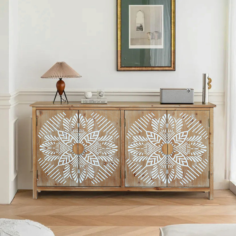 60"Wood Accent Cabinet with 4 Doors, Brown and antique white Modern Pantry Cabinet, Wood Buffet Cabinet, Media Cabinet, Console Cabinet, Cabinet for Entryway, Living Room, Bedroom, Dining Room