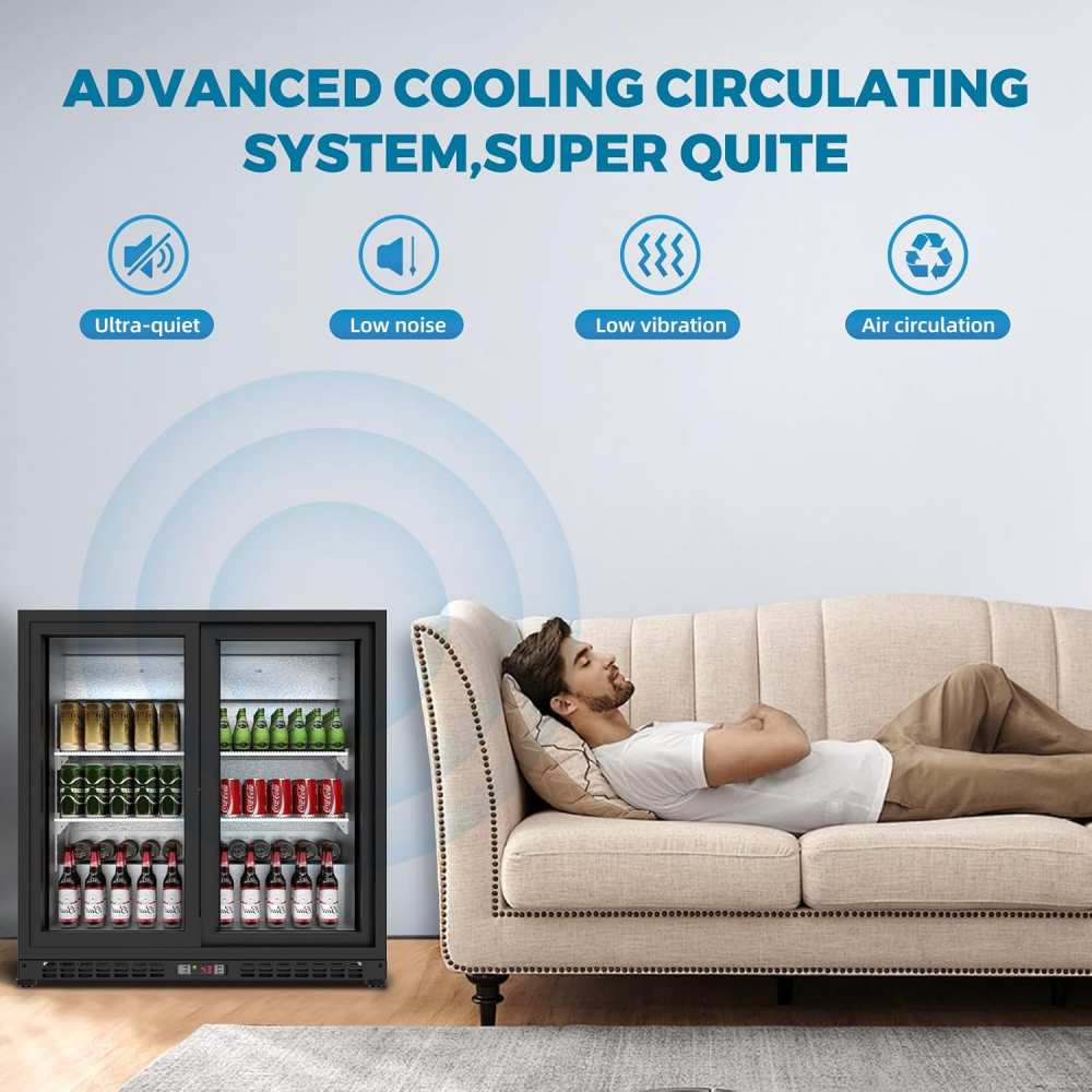 7.4 Cu.Ft Back Bar Cooler 35.4"W Beverage Refrigerator, 2 Low-E Glass Sliding Doors, Counter Height Bar Fridge, Commercial Display Refrigerator Anti-Fog, LED Light for Beer, Wine, Soft Drinks