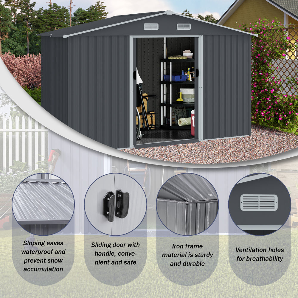 Outdoor Storage Shed 8 x 10 FT Large Metal Tool Sheds, Heavy Duty Storage House with Sliding Doors with Air Vent for Backyard Patio Lawn to Store Bikes, Tools, Lawnmowers Grey