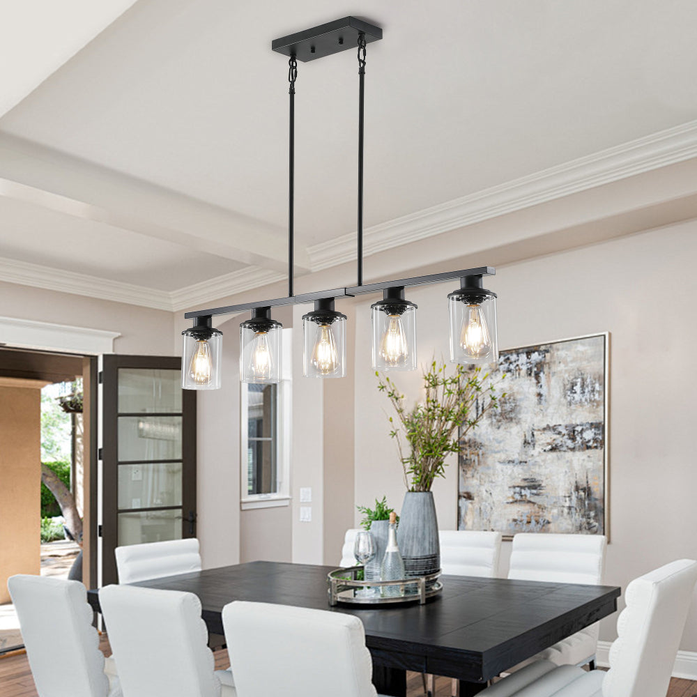 37" Farmhouse Industrial 5-Light Kitchen Island Pendant Light, Metal Wood Chandelier with Clear Glass Shades, Adjustable Height Hanging Fixture for Dining Room, Living Room, Kitchen (No Bulbs)