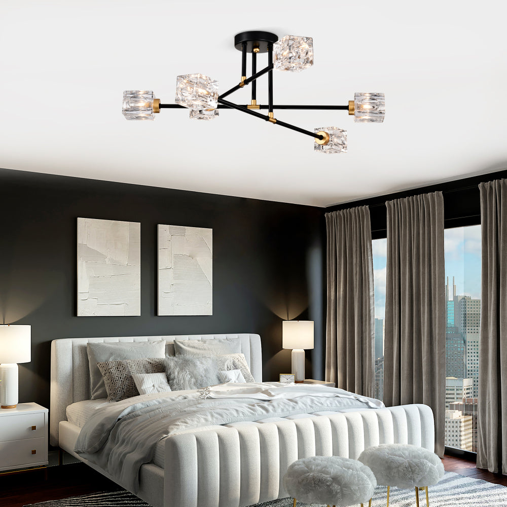 Modern Ceiling Lamp with Light Fixture (6*G9 Bulbs Included),Modern Semi Flush Mount Light Fixture Crystal Chandelier for Dining Room, Bedroom, Living Room--Matte Black
+Matte Gold