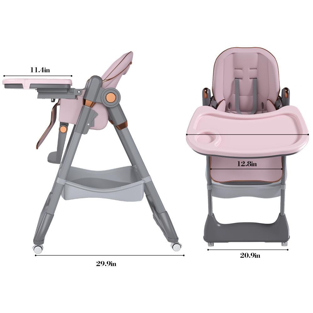 Adjustable Baby High Chair 0-6 Years – Portable Infant Feeding Seat with Safety Belt, Silent Lockable Wheels & Easy-Clean Design for Home, Dining, Living Room, Bedroom (Pink)