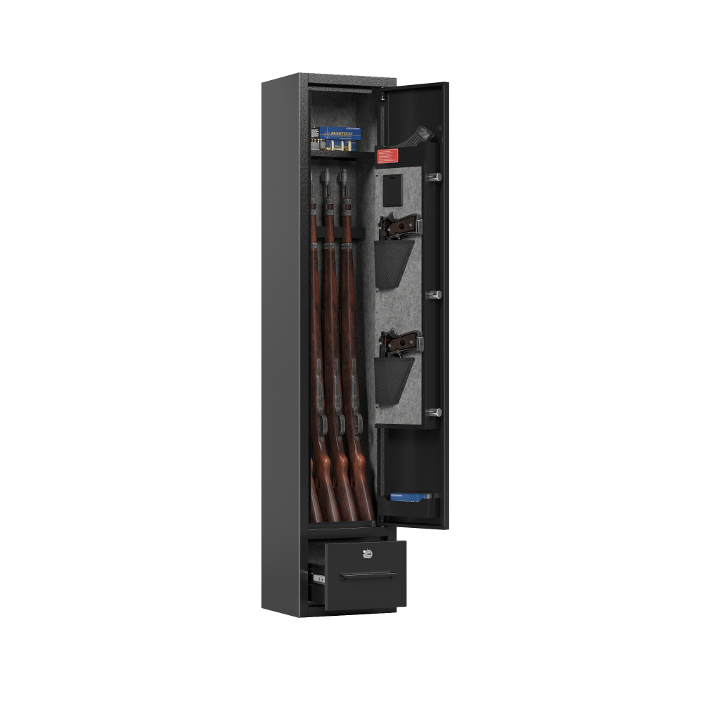 4 - Gun Capacity Rifle Safe. Holds Rifles, Pistols, Shotguns. Digital Lock for Quick Access. Removable Shelf. Special Gun Rack for Scoped Rifles. Plus, a Handy Storage Drawer