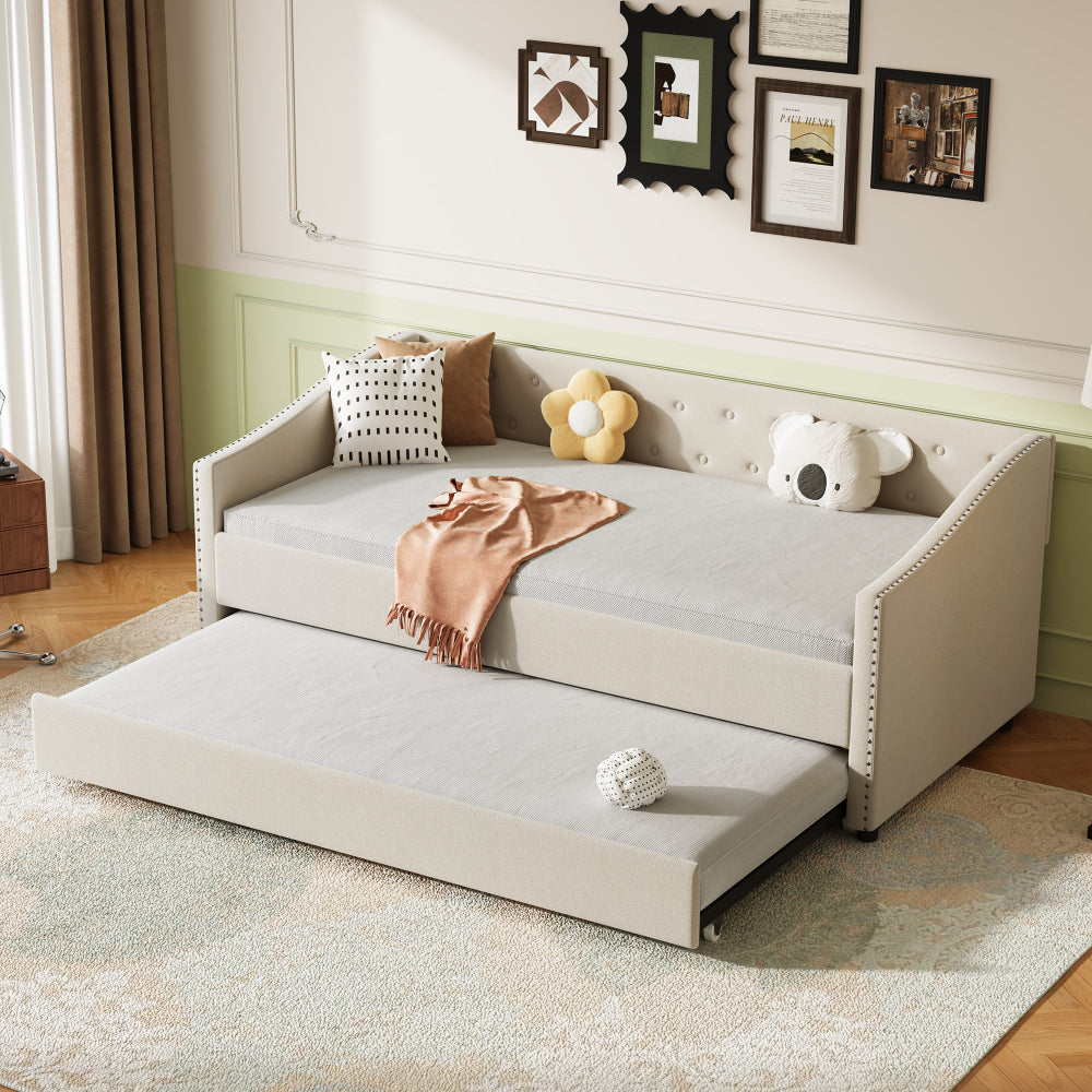 Twin Size Daybed with Drawers Upholstered Tufted Sofa Bed, with Button on Back and Piping on Waved Shape Arms-Light Grey