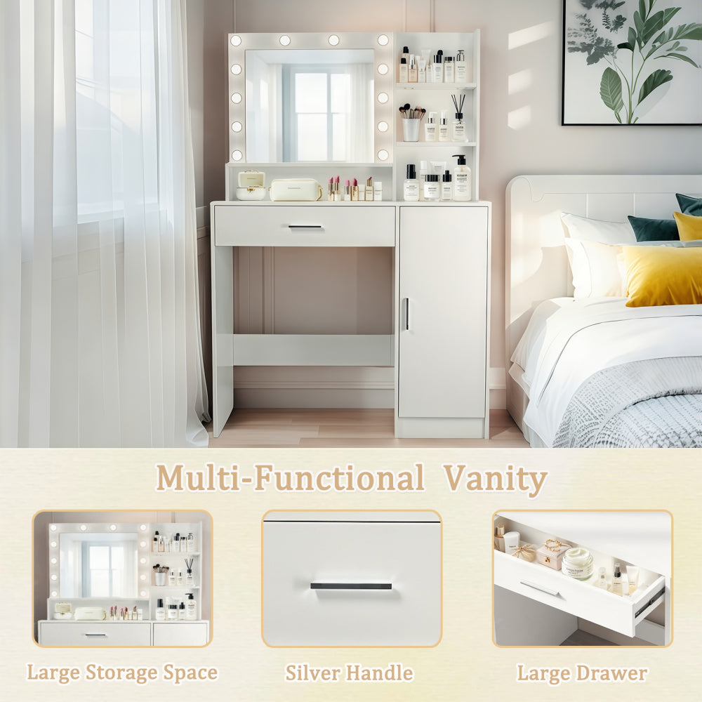 Vanity Desk with Mirror and Lights, Makeup Vanity with Drawer & Storage Cabinet, 3 Lighting Modes Adjustable Brightness, Dressing Table with Open Shelves for Bedroom, Dressing Room, White