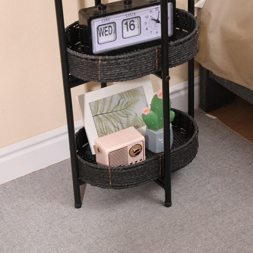 Small Handwoven Side Tables 3-Tier Oval Organizer Portable Storage Shelf for Kitchen, Living Room, Bedroom, Balcony, Picnic (Black)