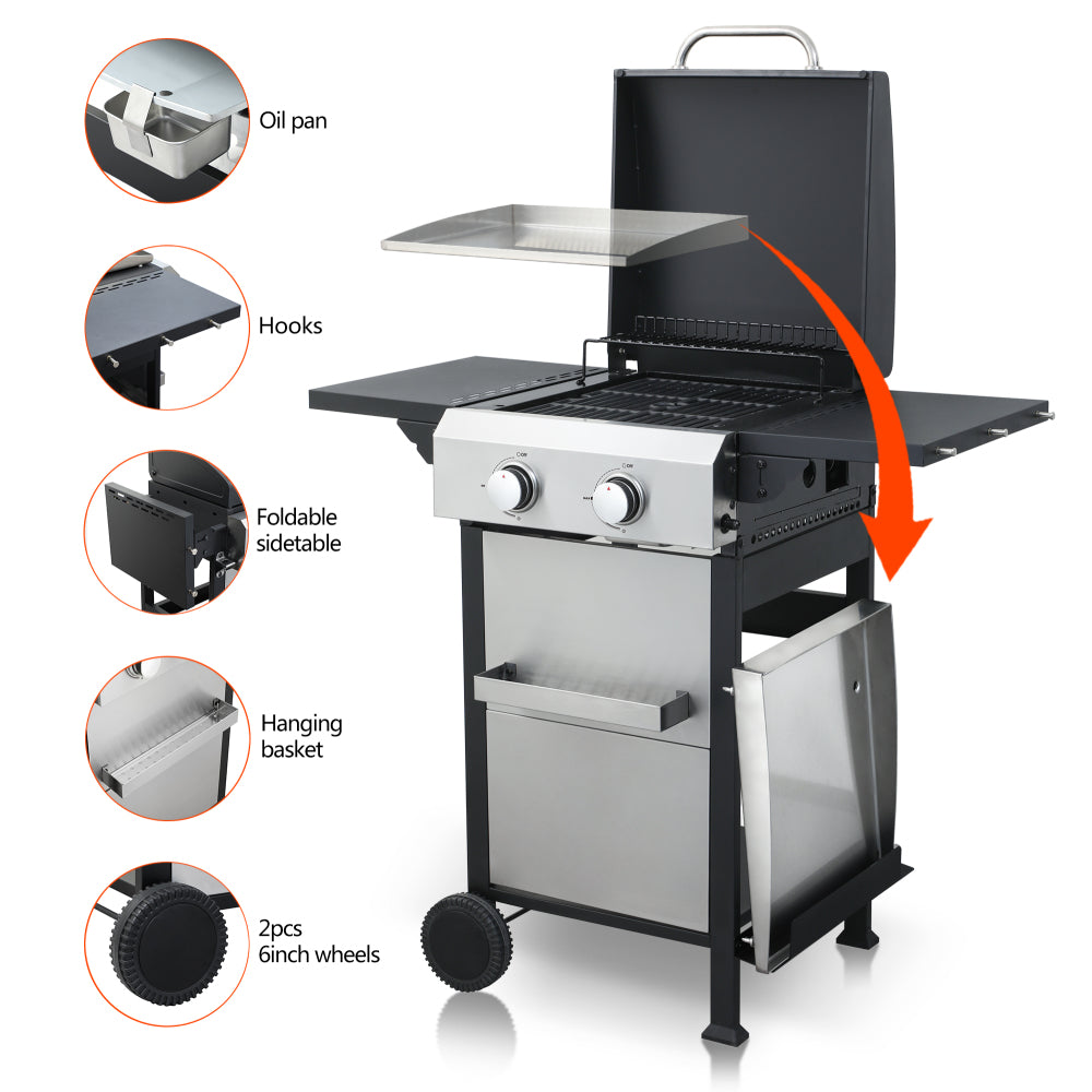 2-Burner Propane Gas BBQ Grill, SS Plancha, 24600BTU Output With Wire Enamel Cooking Grids For Outdoor Barbecue, Foldable Side Table, Hanging Basket, Stainless Steel