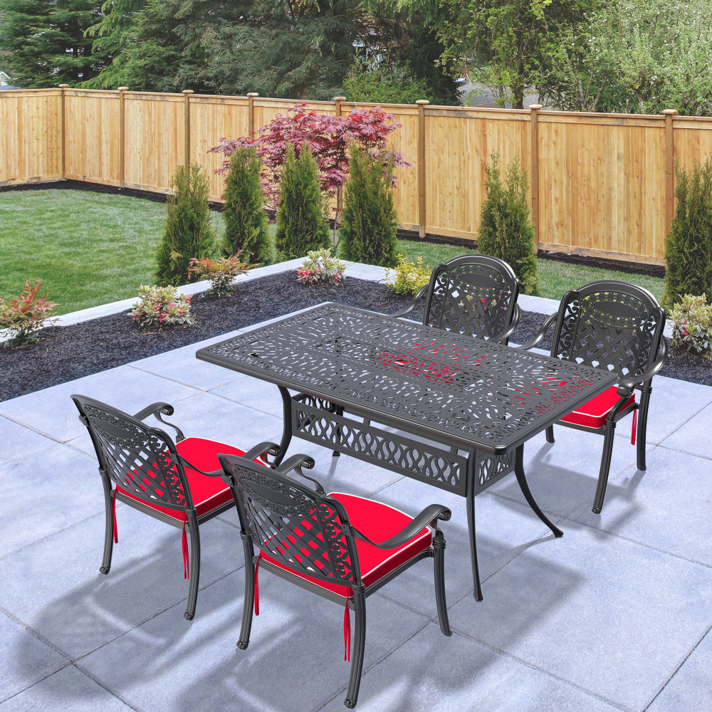 L58.27*W34.65-inch Cast Aluminum Patio Dining Table With Black Frame and Umbrella Hole