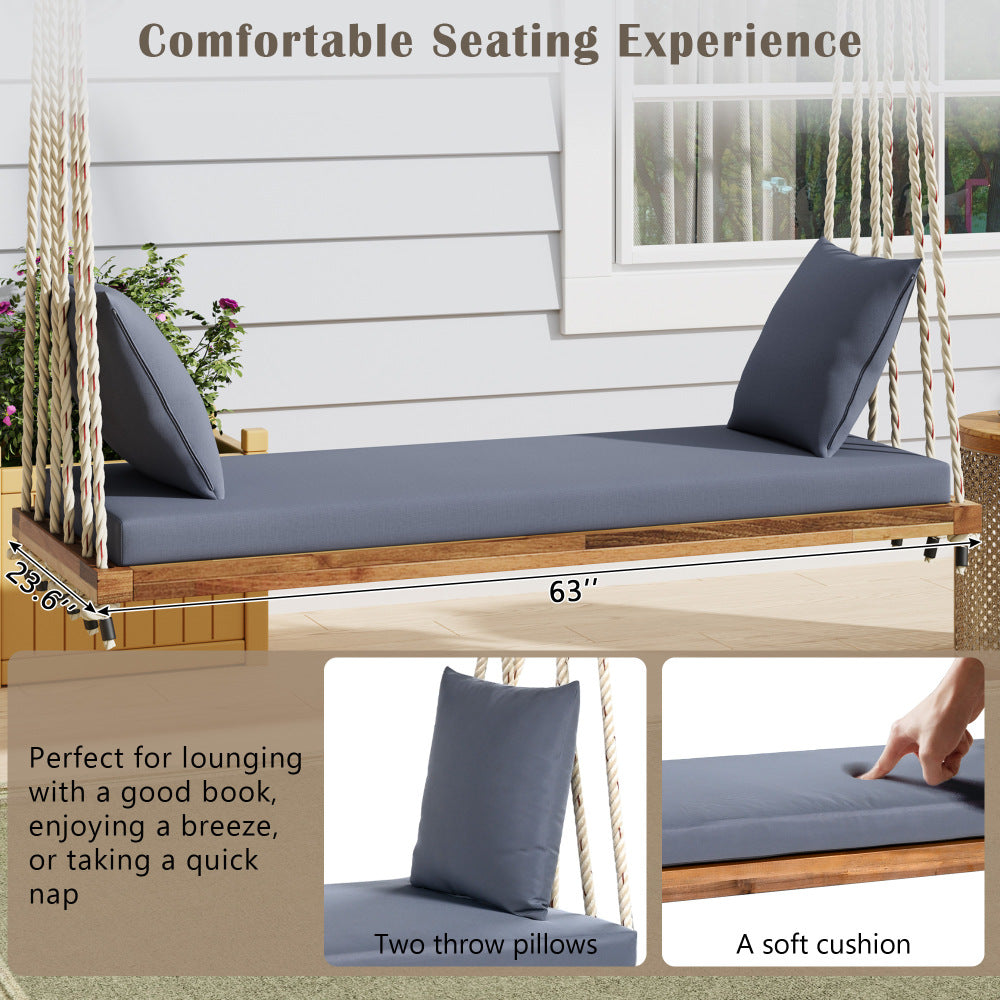 TOPMAX Patio Wooden Swing Chair, Hanging Porch Swing Bench with Cushion&Pillows, 10.8Ft Hemp Ropes for Garden,Backyard, Lawn,Natural