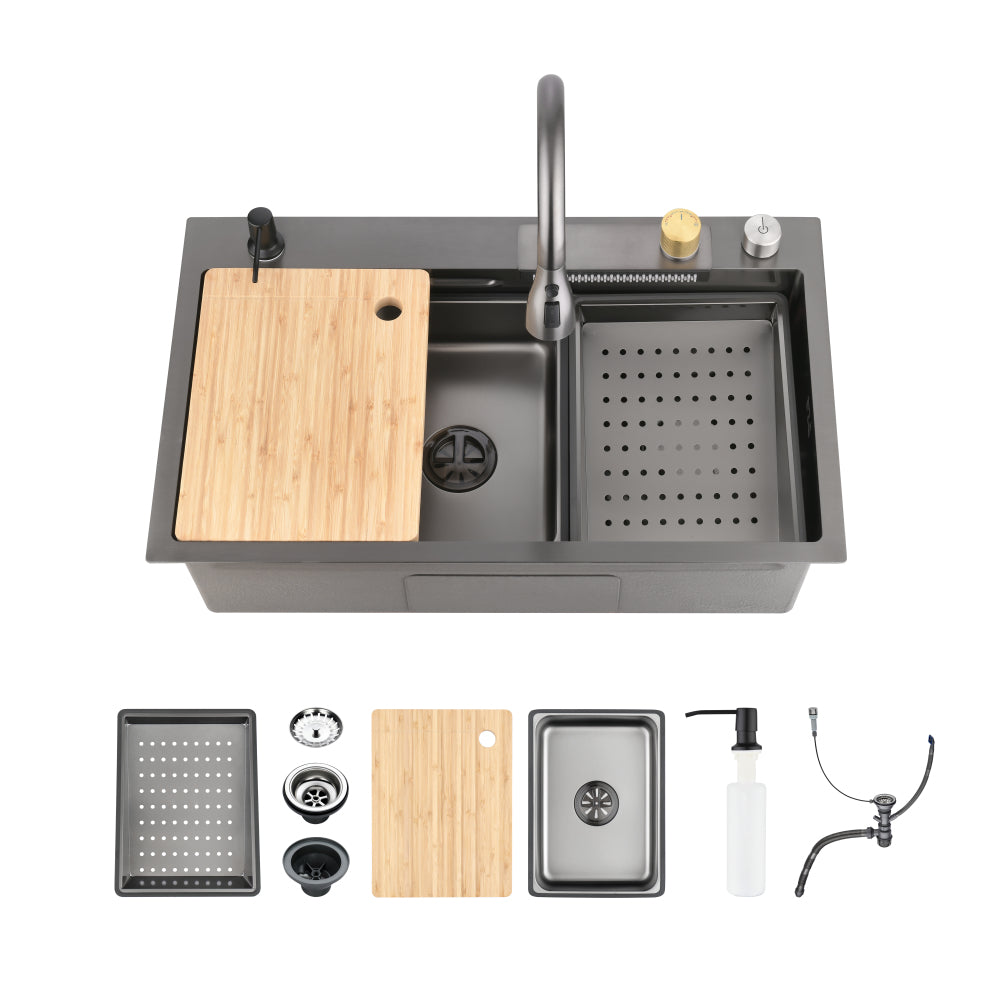 Stainless Steel Kitchen Sink, 33″x22″ Single Bowl, Overmount Handmade Sink in Brushed, with Cutting Board, Colander, SS-BR01D-332208