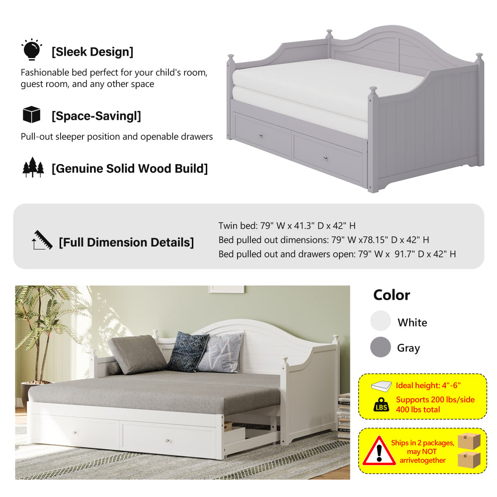 Twin Size Wood Daybed Extended Bed with Storage Drawers Wooden Sofa Bed for Living Room Guest Room, White (Old SKU:BS701P210919K)